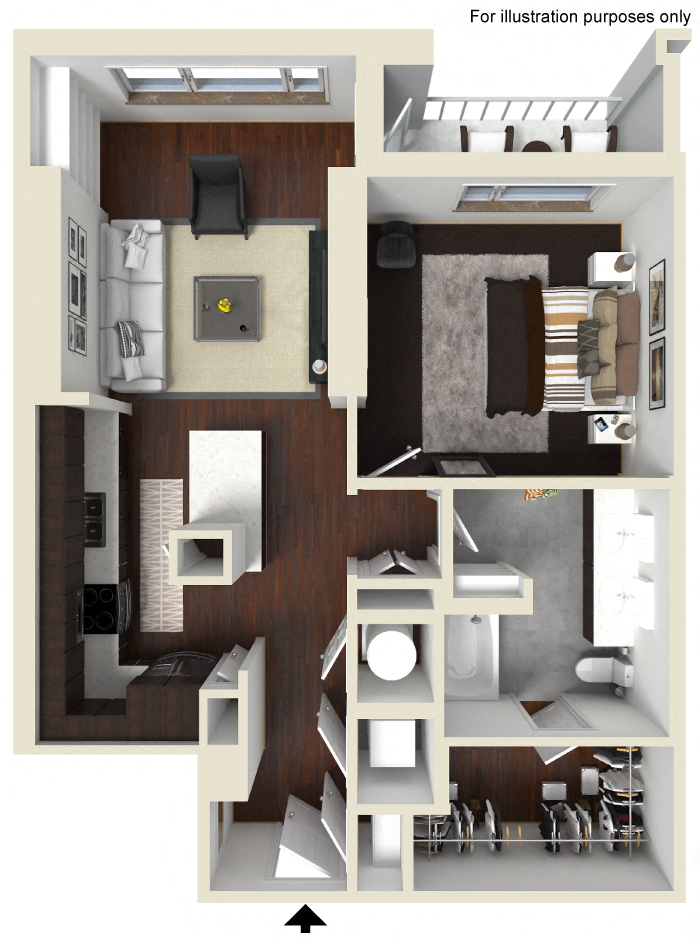Floor plan for 1 bed, 1 bath, 837 sqft